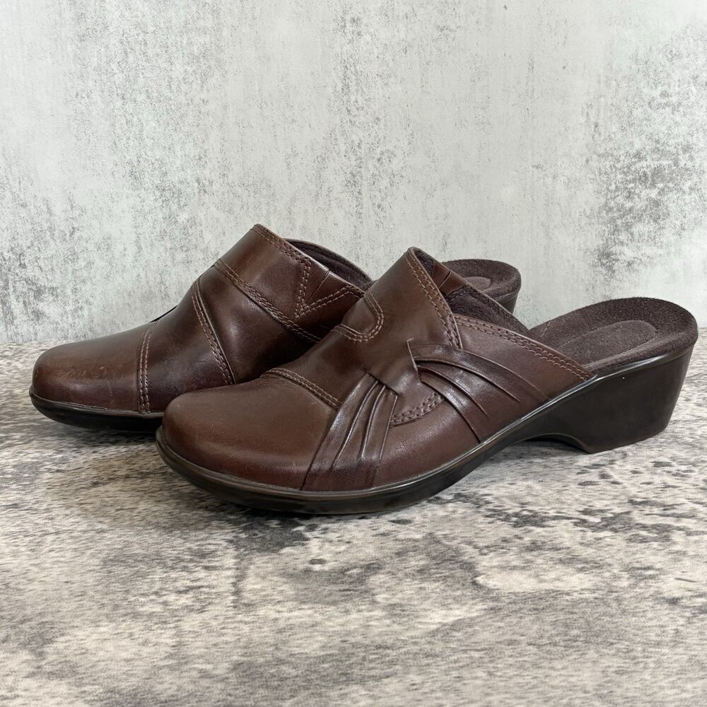 Clarks Bendables 62896 Dark Brown Leather Slip On Comfort Mule Clogs Size 9
